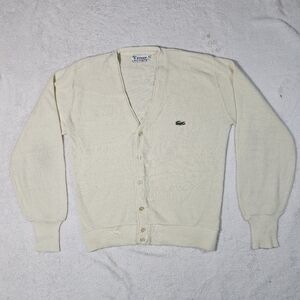 Vintage 70s 80s Izod Lacoste Ivory Cream Orlon Sweater Cardigan Golf Grandpa M